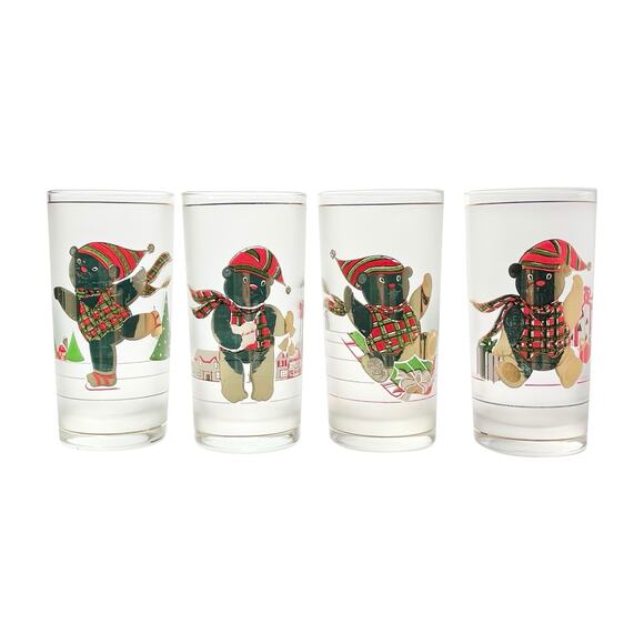 1960s Culver 4 Christmas Holiday Teddy Bear Highball Tumbler Glasses 5 1/2” 12oz - Picture 1 of 7